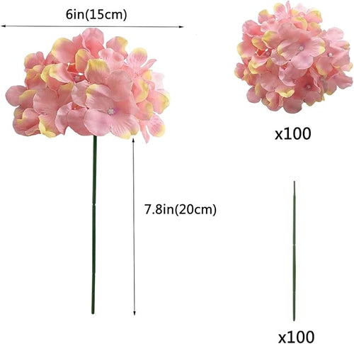 100PCS Artificial Hydrangea Flowers, Fake Flowers Silk Hydrangea Full Flowers Heads with Stems for Wedding Home Party Shop Baby Shower Decor (Purple Pink)