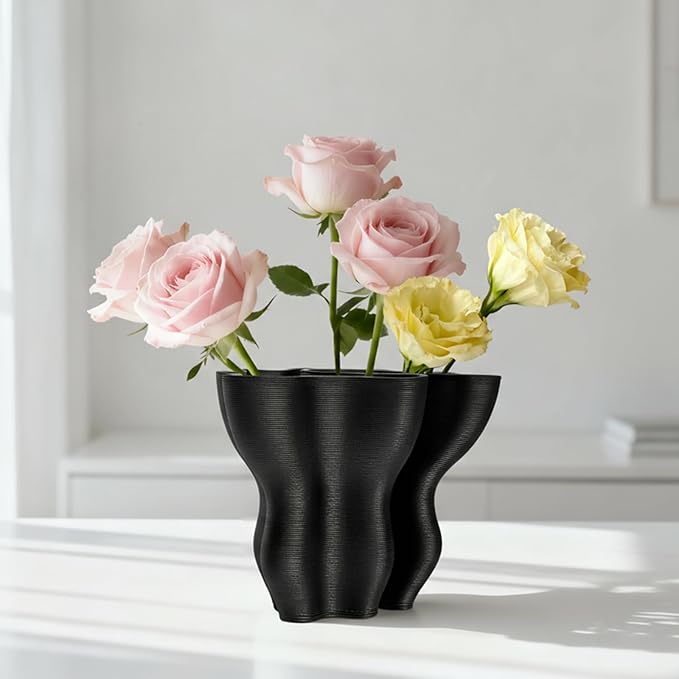 Contemporary Black Ceramic Vase, Abstract Irregular Shape Sculptural Accent for Home Decor, Modern Artistic Centerpiece for Coffee Table or Bookshelf