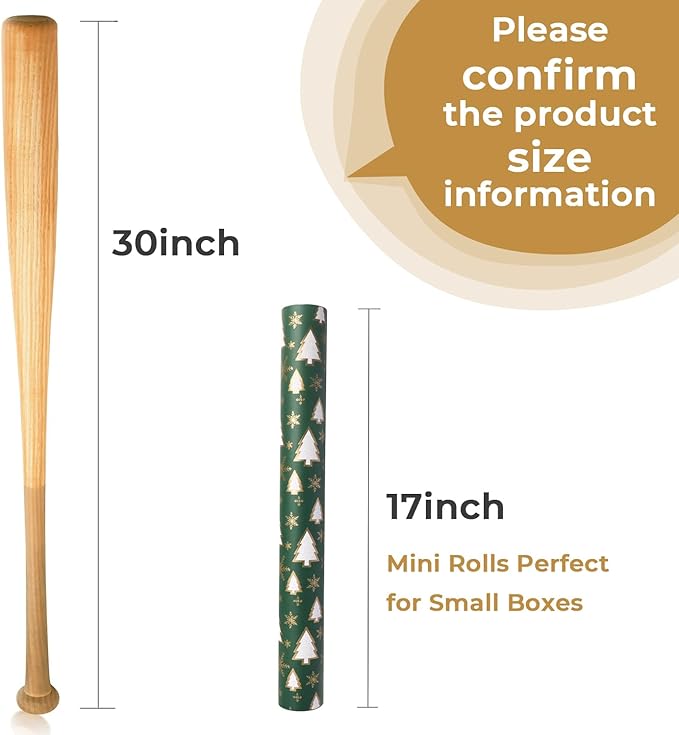 Ribbli Christmas Tree with Gold Snowflake Kraft Wrapping Paper Roll, Holiday Presents Decoration, Mini Roll - 17 Inch x 33 Feet Per roll