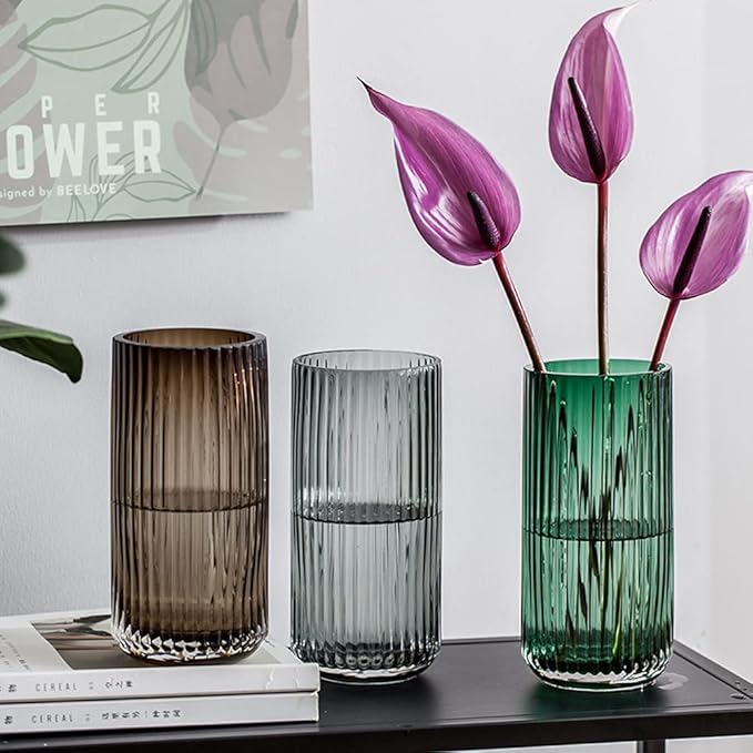 Muyan 9.8" Flower Vase for Decor Ribbed Glass Vase Modern for Centerpieces Desktop Home Office Dining Living Room Wedding (Gray)