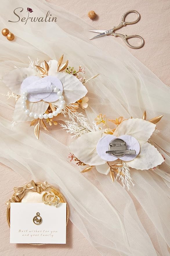 Serwalin Champagne Corsage and Boutonniere Set 𝟮𝙥𝙘𝙨, 𝟲-𝟳 𝙄𝙣𝙘𝙝 Boutonniere and Wrist Corsage Wristband Prom Flower Wedding Flowers Accessories Prom Suit Decorations Cake Topper