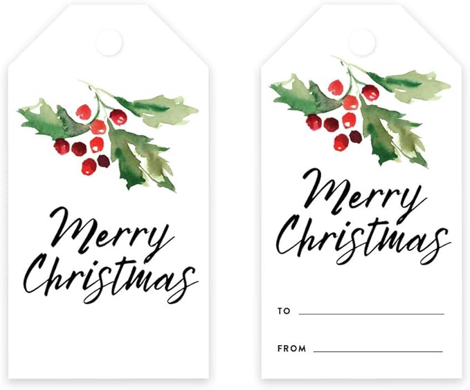 Andaz Press Christmas Holiday Season Classic Gift Tags, Merry Christmas to from Classic Favor Tags, Watercolor Holly Branch Design, for Holiday Events, Parties, and Favors, 60-Pack