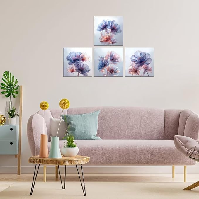 Pankila Canvas Flowers Wall Art Blooming Flowers Pictures Prints Blue Pink Flower Wall Decor for Living Room Bedroom Bathroom Home Decorations Painting Framed Artwork (12''W x 12''H x 4)