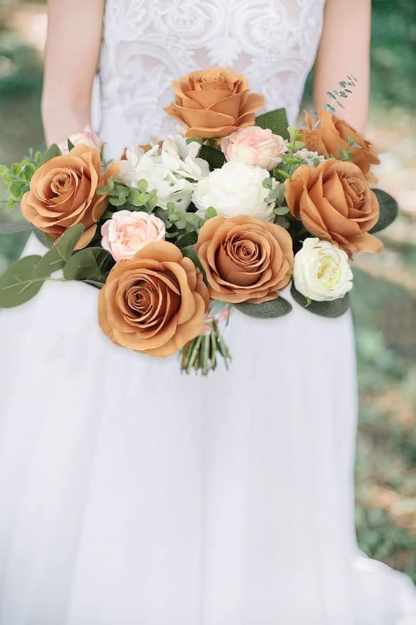30pcs Roses Artificial Flowers Terracotta Fake Roses Flowers with Long Stems Silk Flowers for Wedding Bouquet Centerpices Decorations Party Bridal Baby Shower Home Decor