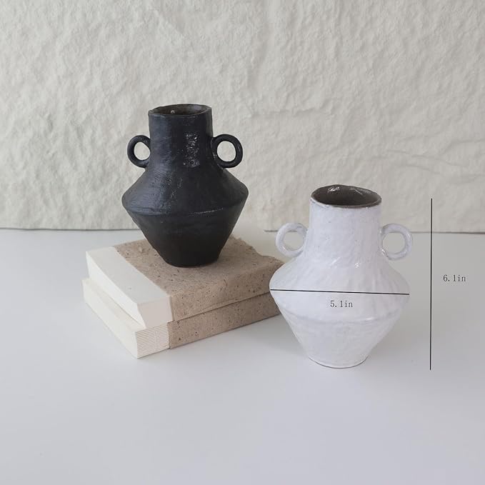 Rustic Small Ceramic Vase, Handcrafted Black Farmhouse Vase, Wabi Sabi Pottery Decor for Kitchen, Bedroom, Office, Living Room, Bathroom, Shelf Centerpiece Table