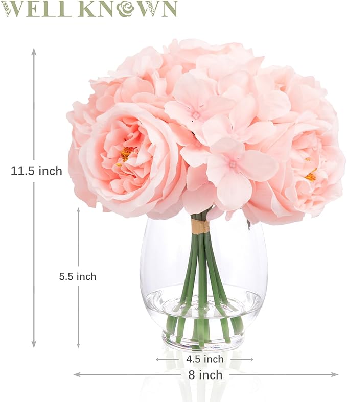 Silk Peonies Artificial Flowers with Hydrangea in Glass Vase with Fake Water, Fake Austin Rose Bouquet with Vase for Home Hotel Office Wedding Party Decor as Table Centerpieces & Gift (Blush Pink)