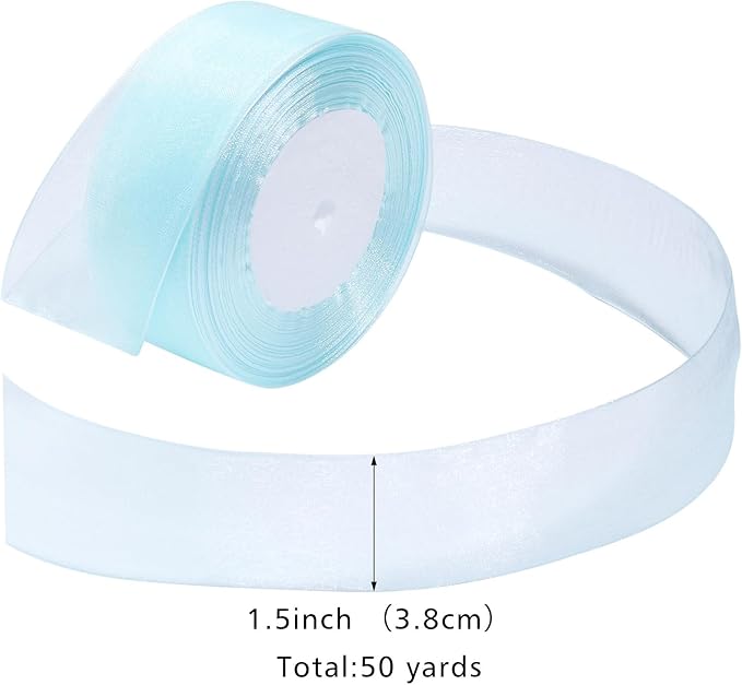 Light Blue Ribbon for Gift Wrapping 1-1/2 inch Sheer Organza Ribbon for Flower Bouquet Tulle Chiffon Ribbons for Wedding Invitations Christmas Decorations Crafts 50 Yards