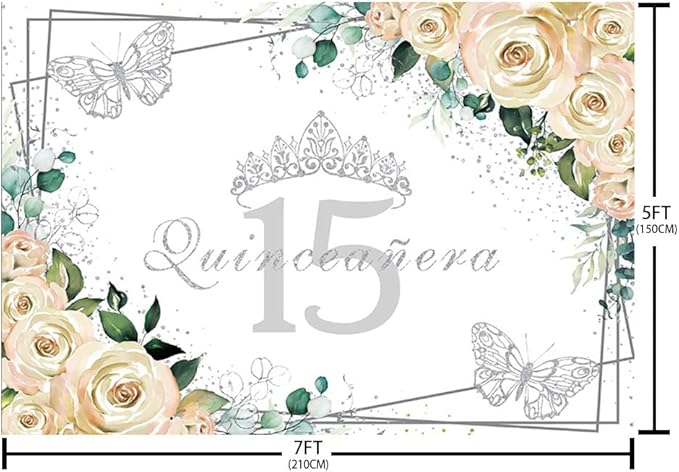 Sendy 7x5ft Quinceañera Backdrop Mis Quince 15 Anos Birthday Party Decorations Supplies for Girl Princess White Floral Silver Crown Butterfly Photography Background Banner Photo Booth Studio Props