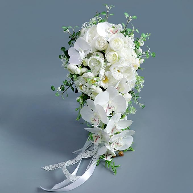 Wedding Cascading Bridal Bouquet, White Phalaenopsis Water Drop Waterfall Bridal Bouquet Artificial Flowers Roses Bride Bouquet for Wedding Party Bridal Shower Church Home Decoration