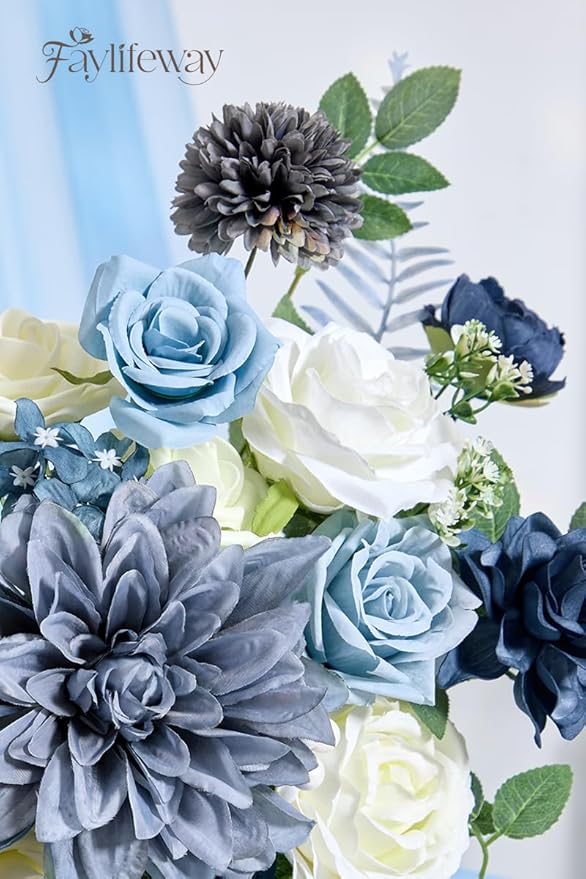 Artificial Flowers, Dusty Blue Silk Flowers for DIY Wedding Bridal Bouquets, Fake Cake Flowers for Centerpieces,Baby Shower, Table Arrangement, Home Party Decor
