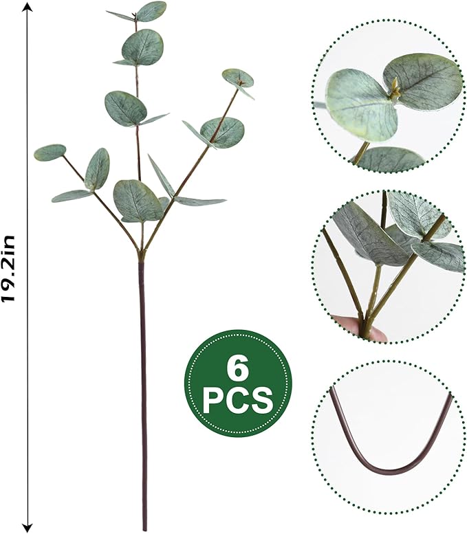 6pcs Real Touch Artificial Eucalyptus Stems Dual-Sided Lifelike Leaves Fake Eucalyptus Plants for Wedding Flower Arrangement Centerpiece Bouquet Home Office Decor(Gray Green)