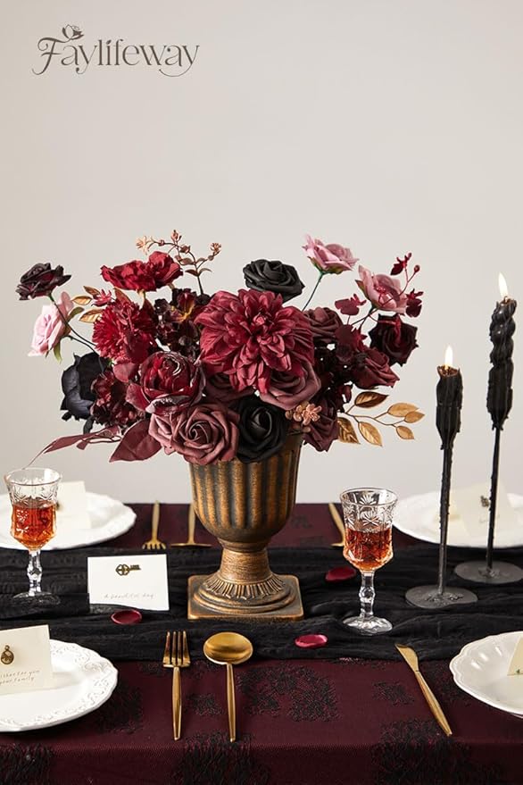 Artificial Flowers, Burgundy Silk Flowers for Centerpieces Decoration, Fake Cake Flowers for DIY Wedding Bridal Bouquets Home Party Floral Arrangement Decor