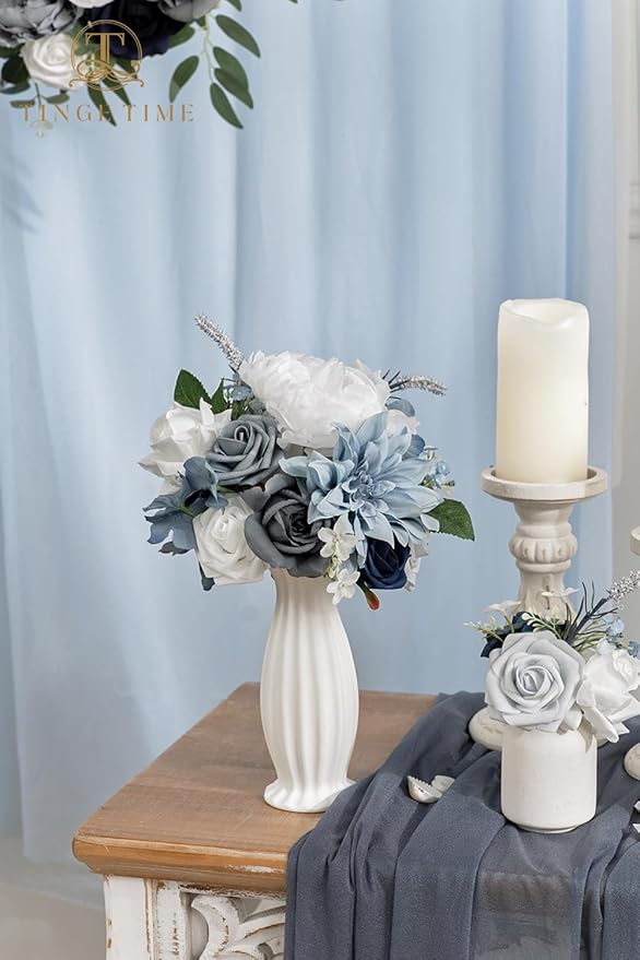 TINGE TIME Artificial Flowers Dusty Blue and White Flower Combo for DIY Wedding Bouquets Table Centerpieces Arrangements Party Baby Shower Home Decorations