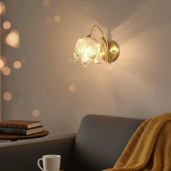 Luxury Floral Brass Wall Sconce Lighting, Modern Lily Flower Art Glass Shade Light Fixture, Brushed Gold Finish Copper Accent Lamp Wall Light for Bedroom, Living Room, Dining Room Decor