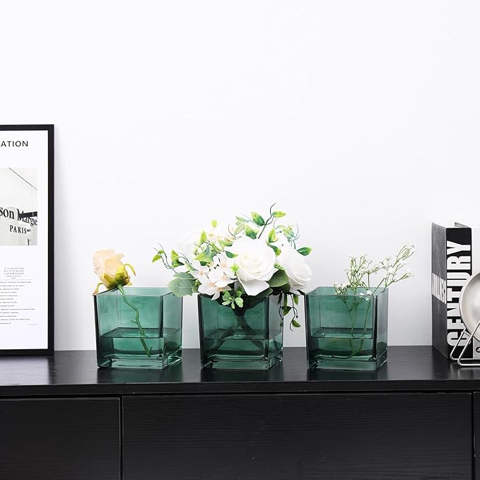 Square Glass Vases Set of 9, 5" x 5" x 5" Green Flower Vases for Centerpieces, Square Vase for Flowers, Small Vase for Wedding, Party, Home Office Decoration