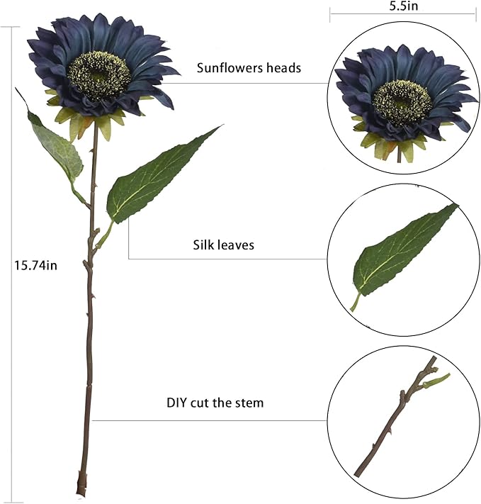 Blue Artificial Sunflower Flowers 8 Pcs Single Long Stem Silk Fake Sunflowers Bridal Wedding Bouquet Fake Yellow Flower Arrangements for Outdoor