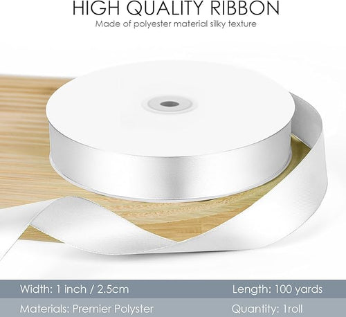 100 Yards 1 inch Satin Ribbon, Fabric Ribbon Solid Color Perfect for Gift Wrapping, Wedding, Handmade Bows, Floral Bouquets and Party Decoration(White)