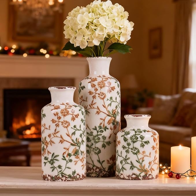 Farmhouse Ceramic Vase Set of 3 – Rustic Floral Pattern Decorative Vases for Home Decor, Vintage Country Style Table Centerpieces for Living Room, Shelf, Mantel & Entryway Decoration