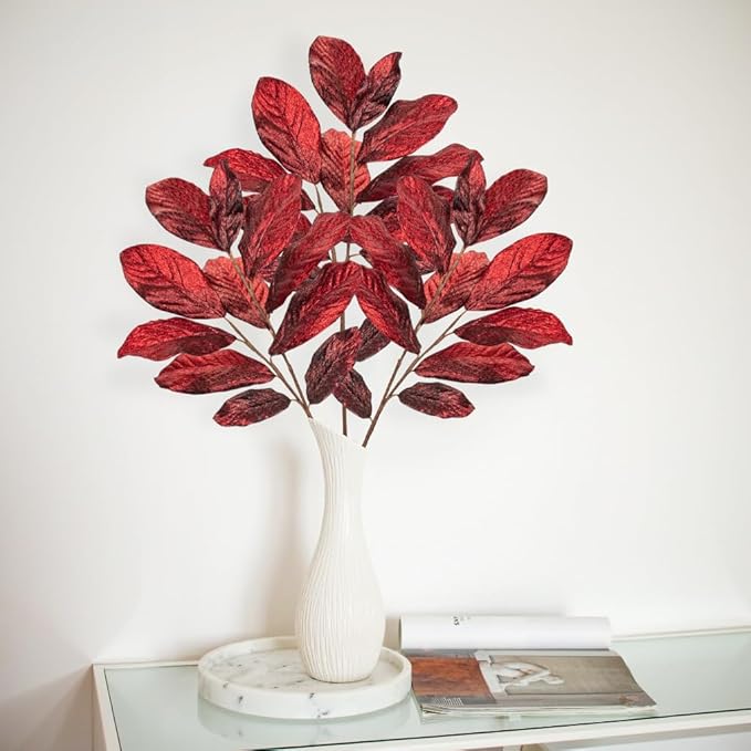 31" Burgundy Christmas Glitter Leaves Spray, Artificial Glitter Long Stems Christmas Tree Picks and Sprays Christmas Decoration Picks Xmas Tree Garland Wreath Autumn Winter Home