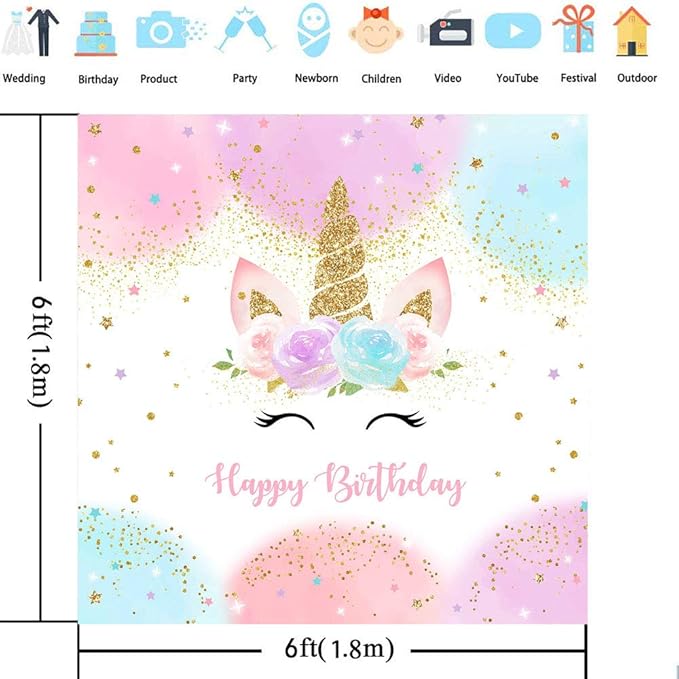Mocsicka Unicorn Birthday Decorations Unicorn Backdrop for Girls Birthday Party 6x6ft Pastel Rainbow Unicorn Glitter Stars Dots Happy Birthday Banner Photo Booth Props