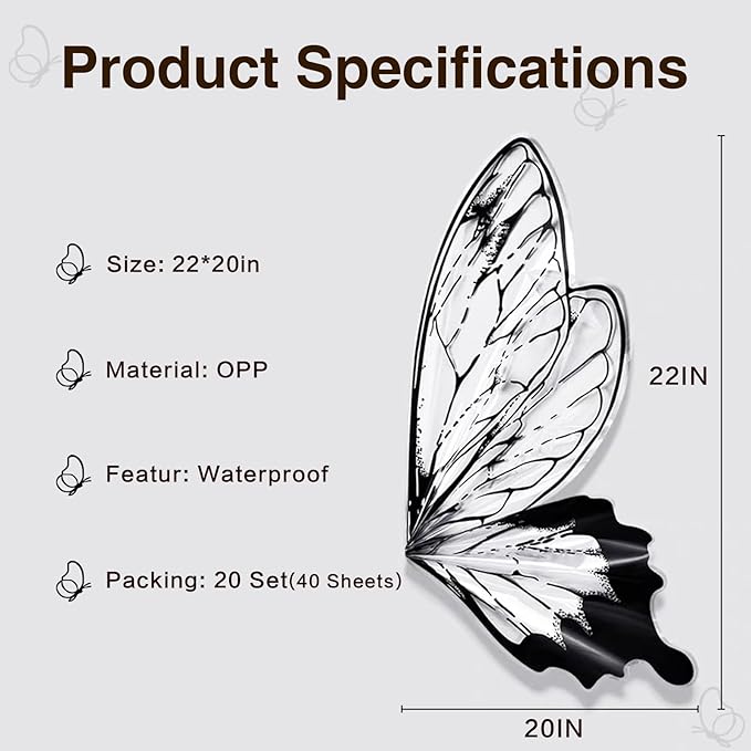LLBWKC 20 Sets Butterfly Flower Wrapping Paper, Waterproof Butterfly Flower Bouquet Wrapping Paper, OPP Clear Floral Wraps for Florist Supplies, Gift Packaging, DIY Craft 20x22 in (Black Butterfly)