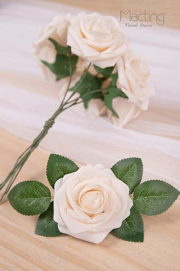MACTING 60PCS Artificial Rose Flowers Real Touch Fake Flowers with Stem Foam Roses for DIY Weedding Bouquet Table Centerpieces Party Baby Shower Home Spring Mothers Day Decorations(Cream)