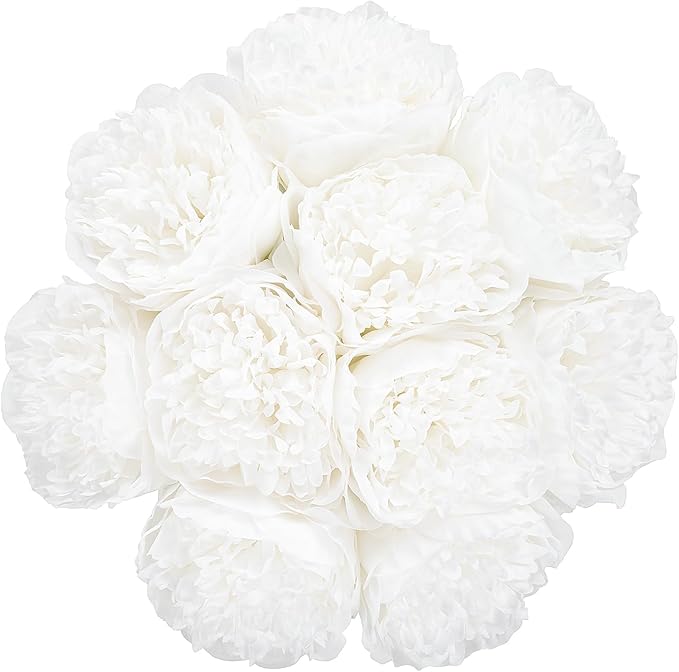U'Artlines Artificial Peony Silk Flower with Stems 10pcs Real Look Vintage Peonies for Home Wedding Decoration(Pure White)