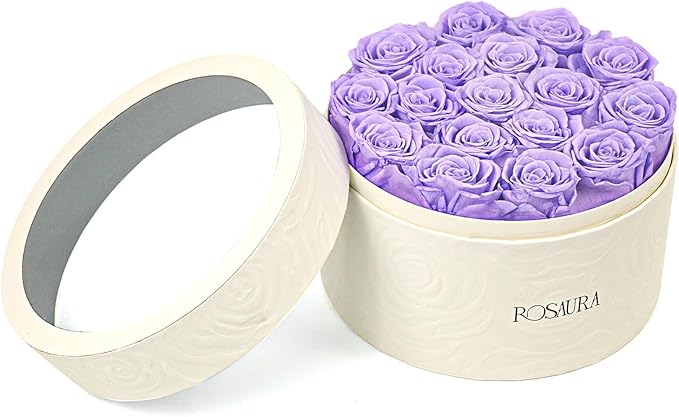Rosaura Round Preserved Roses Gift Box - Real Forever Flowers for Birthday, Valentine's & Mother's Day (Light Purple, 17 Roses)
