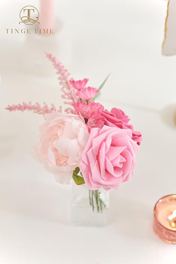 TINGE TIME Artificial Flowers Hot Pink Flower Combo for DIY Wedding Bouquets Table Centerpieces Arrangements Party Baby Shower Home Decoration Valentine's Day