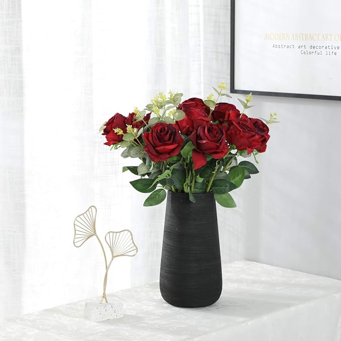 Nubry Artificial Silk Rose Flower Bouquet Lifelike Fake Rose for Wedding Home Party Decoration Event Gift 10pcs (Wine Red)