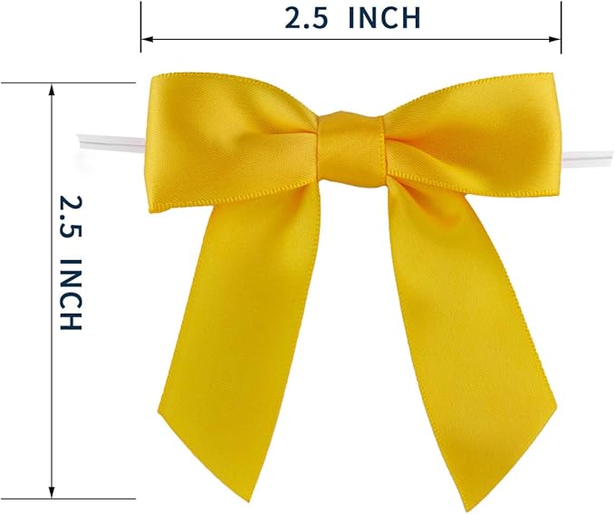 7Rainbows 30pcs Boutique 2.5" Yellow Gold Satin Ribbon Twist Tie Bows for Tying Up Packages Gift Wrapping