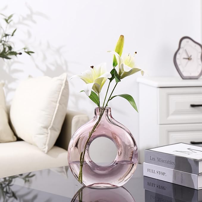 Glass Vase, Donut Vase, Pink Glass Vase, Flower Vase, Decorative Vase, Modern Vase, Round Glass Vase for Home, Living Room, Dining Table, Entryway, Mantle, Shelf, Wedding, Office, Coffee Table