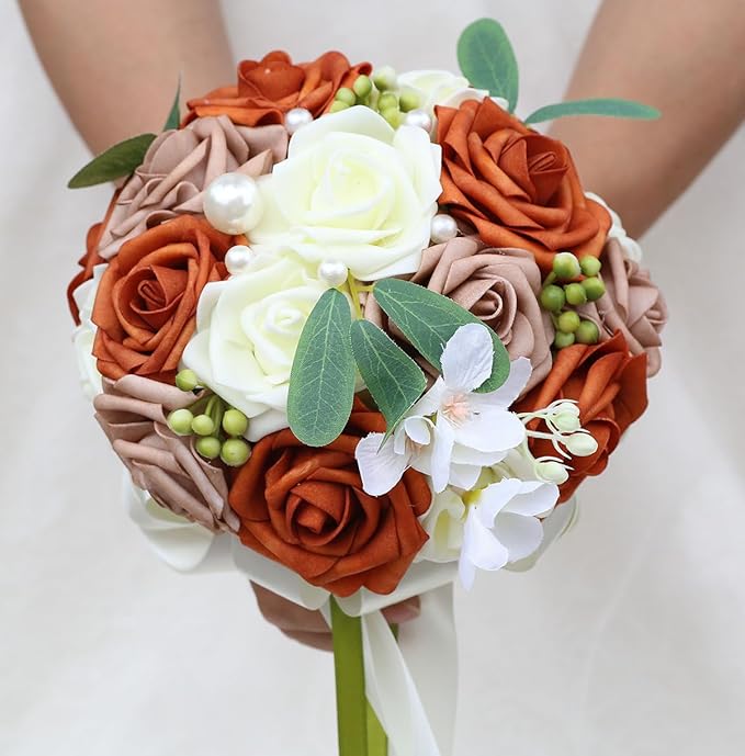 Lightweight Bridal Wedding Bouquet Round Holding Bouquet Throw Toss Artificial Rose Flower Bunch for Bride Bridesmaid Wedding Quinceanera (Cream, Coral & Rosy Brown, 9.1")