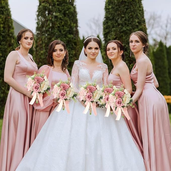Set of 4 Bridesmaid Bouquets for Wedding, 9 Inch Boho Bridesmaid Flowers for Ceremony Anniversary Centerpieces Decorations, Artificial Rose Bouquets - Pink & White