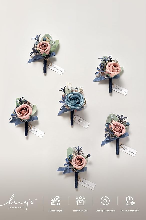 Ling's moment Boutonniere for Men, 6pcs Groom Groomsmen Boutonniere, Artificial Flowers for Wedding Decor/Prom/Homecoming, etc.Navy Blue & Pink