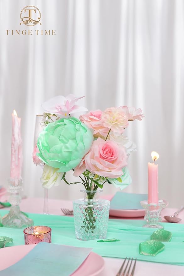 TINGE TIME Artificial Flowers Mint Green & Pink Flower Combo for DIY Wedding Bouquets Table Centerpieces Arrangements Party Baby Shower Home Summer Decorations
