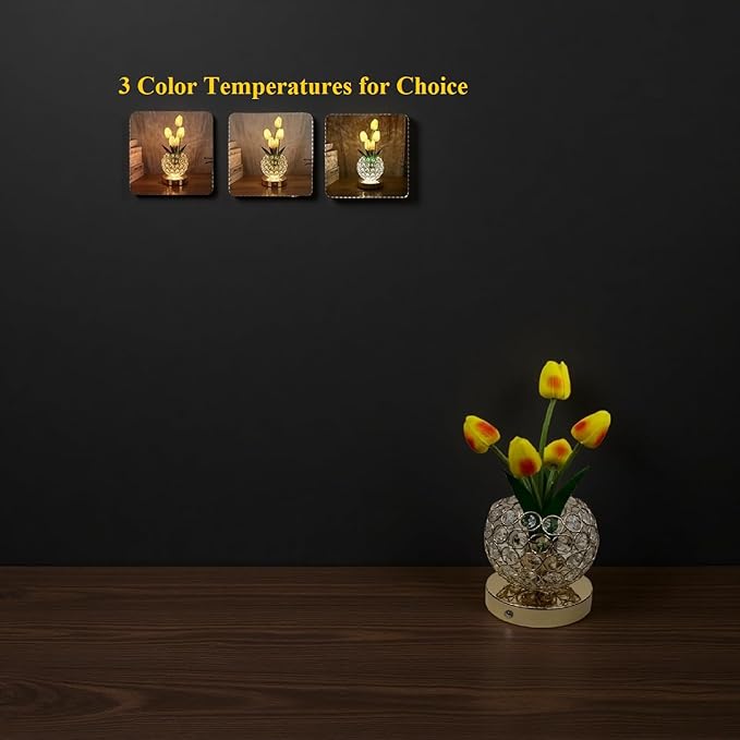 Cordless Tulip Flower Lamps, 3 Colors Touch Stepless Dimming Crystal Night Light, Rechargeable Artificial LED Flower with Vase Lamp Romantic Decor for Mothers Day,Xmas,Birthday (OG)
