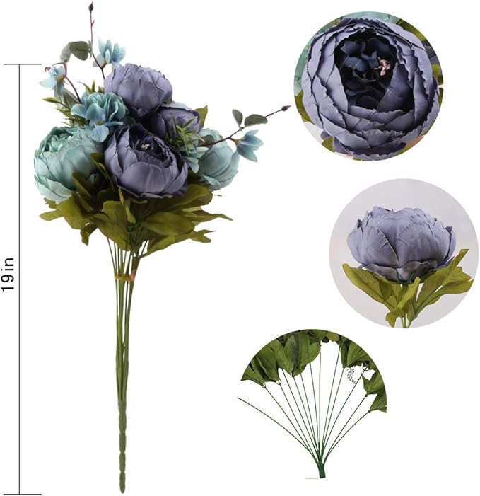 Flojery Silk Peony Bouquet Vintage Artificial Peonies Flower for Home Wedding Party Decor (1pcs, Blue)