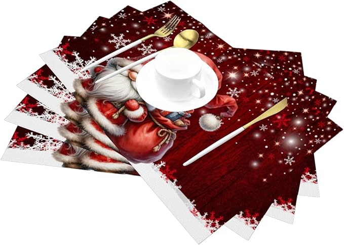 PVC Placemats Set of 6 Wipeable Table Mats Washable Heat Resistant Non Slip Vinyl Dining Table Mat for Kitchen Indoor Outdoor Patio Farmhouse Place Mats Red Santa Claus Gnome Decorative