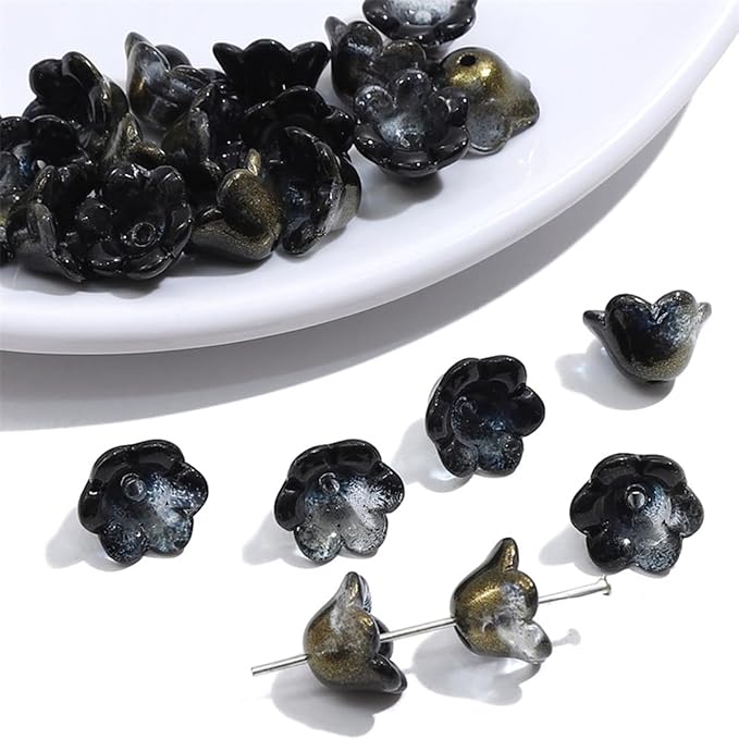 LadayPoa 100pcs Glass Bellflower Beads for Jewelry Making Trumpet Flower Beads Gradient Clear Cute Beads for Bracelets Making Aesthetic Bead Charms for DIY Necklace Decoration-Black Gold
