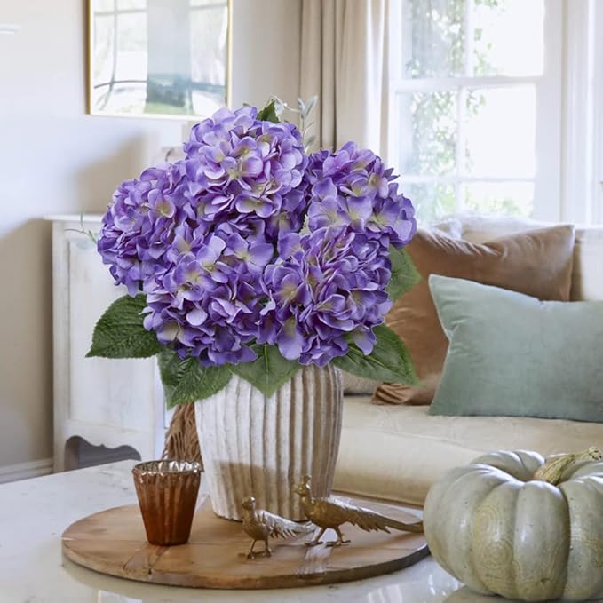 Hollyone Purple Hydrangea Artificial Flowers Large Artificial Hydrangeas Silk Flowers for Home Decor Indoor Wedding Flowers Bouquets Faux Flowers Kitchen Centerpiece Table Decorations