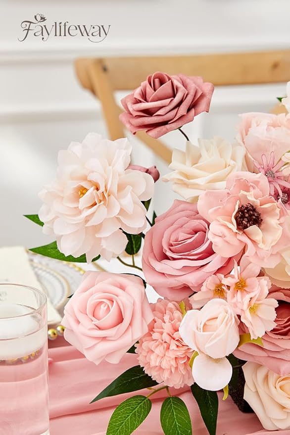 Artificial Flowers, Dusty Pink Flowers for DIY Wedding Bridal Bouquets, Fake Cake Flowers for Centerpieces,Baby Shower, Table Arrangement, Home Party Decorations