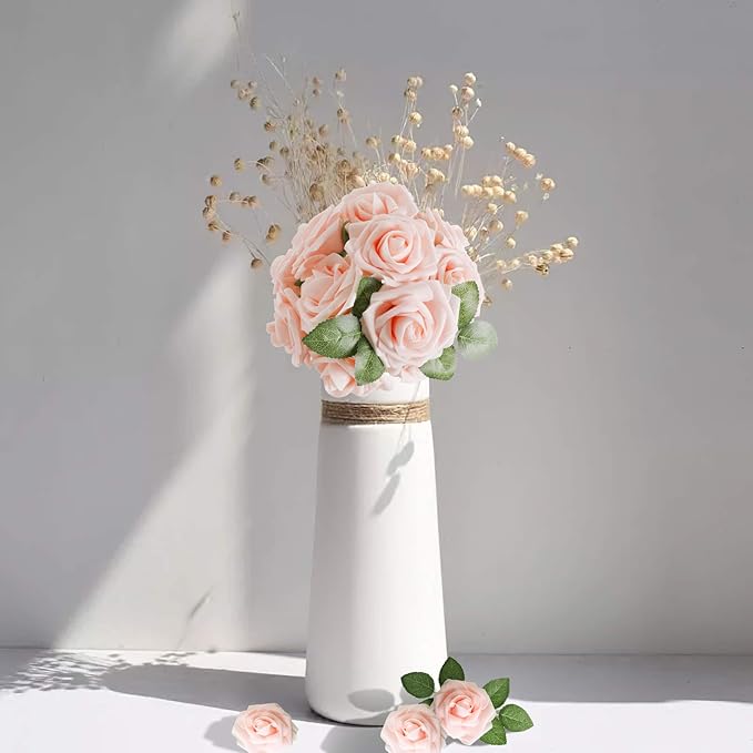 AmyHomie Artificial Flower Blush Pink Rose 25pcs Real Looking Fake Roses w/Stem for DIY Wedding Bouquets Centerpieces Arrangements Party Baby Shower Valentines Day Christmas Tree Decorations