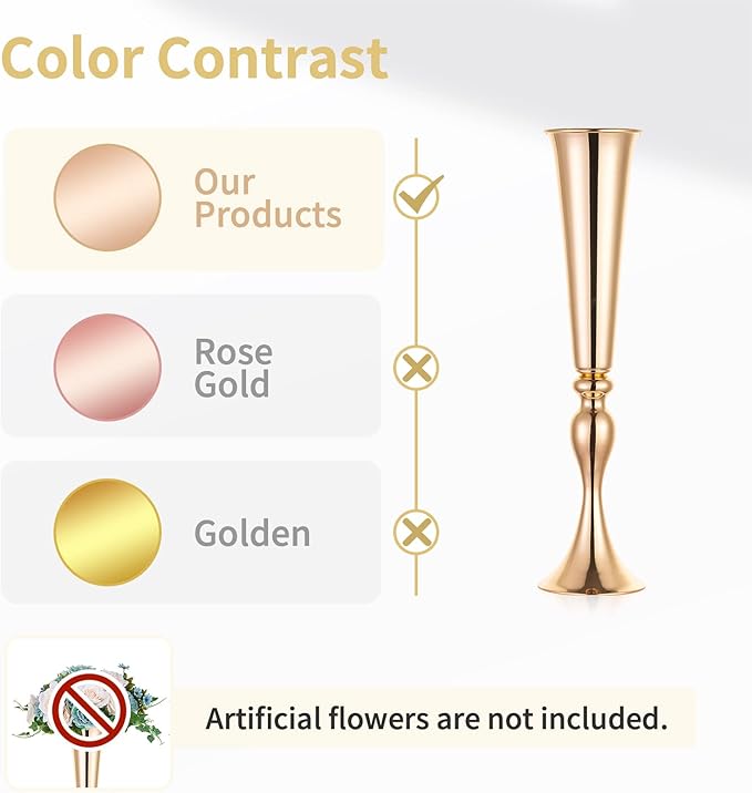 NUPTIO Gold Tall Centerpiece Table: 21.9" Trumpet Vases for Wedding Metal Flower Stand for Party Decorations Set of 2
