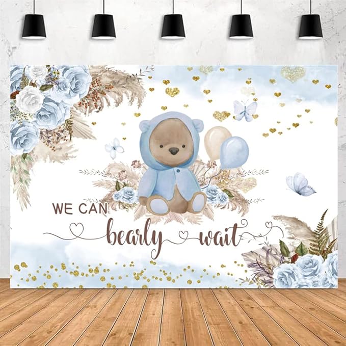 We Can Bearly Wait Backdrop for Boy's Boho Baby Shower Party Decorations 10x8ft Blue Floral Bohemian Pampas Grass Lovely Bear Baby Shower Decorations Banner Photography Background