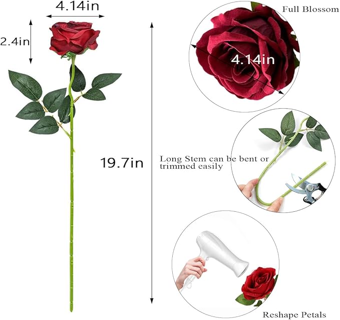 Artificial Roses 50PCS Large Velvet Silk Rose 4.14" Realistic Fake Flowers in Bulk for Flower Arrangement Wedding Centerpieces Home Party Decor (Red)