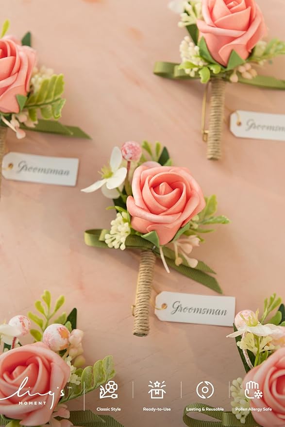 Ling's moment Boutonniere for Men, 6pcs Groom Groomsmen Boutonniere, Artificial Flowers for Wedding Decor/Prom/Homecoming, etc.Blush Pink Coral