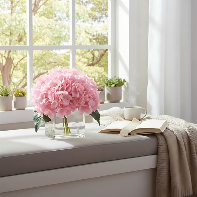 Silk Pink Hydrangea Artificial Flowers in Vase with Faux Water, Silk Flower Arrangements in Vase for Home Decor, Wedding Table (Pink)