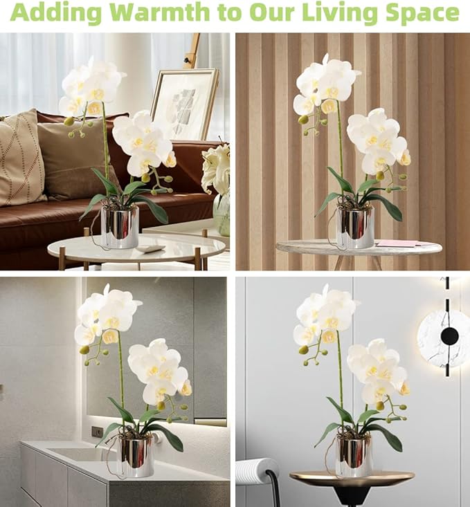 Artificial Orchid Flowers White Faux Orchids with Ceramic Vase Vivid Fake Phalaenopsis Flower Arrangement Gorgeous Artificial Plants for Office Desk Wedding Party Exhibition Center & Home Table Decor