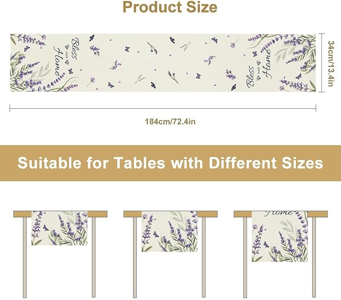 Purple Floral Table Runner, Spring Summer Watercolor Lavender Flower Country Farmhouse Coffee Coffee Table Center Decor for Home Kitchen Dining Patio Holiday Party Table Decorations 13x72 inches